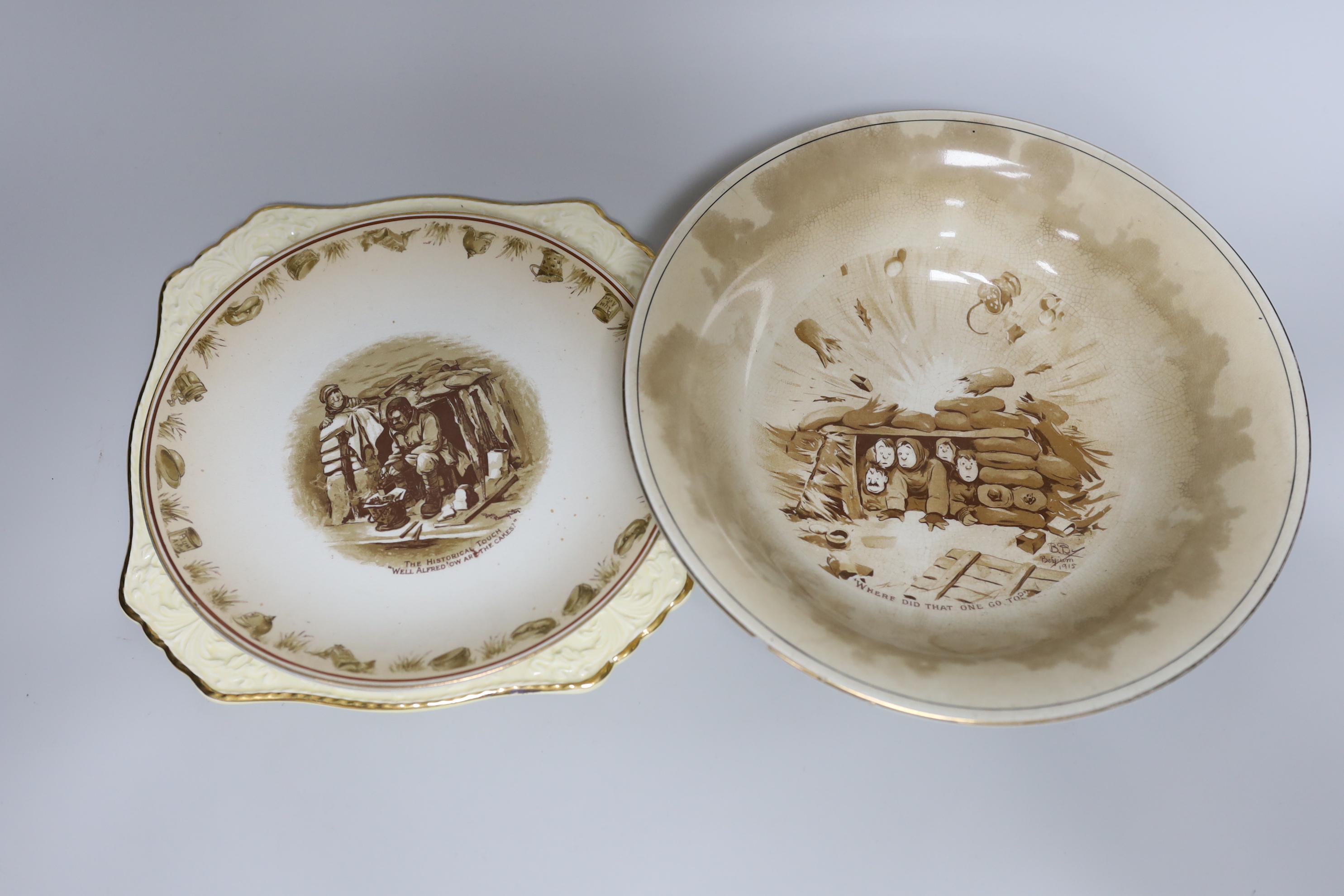 Three Bruce Bairnsfather 'Old Bill' pottery dishes and a bowl, by Grimwades, all printed with World War caricature subjects (4)